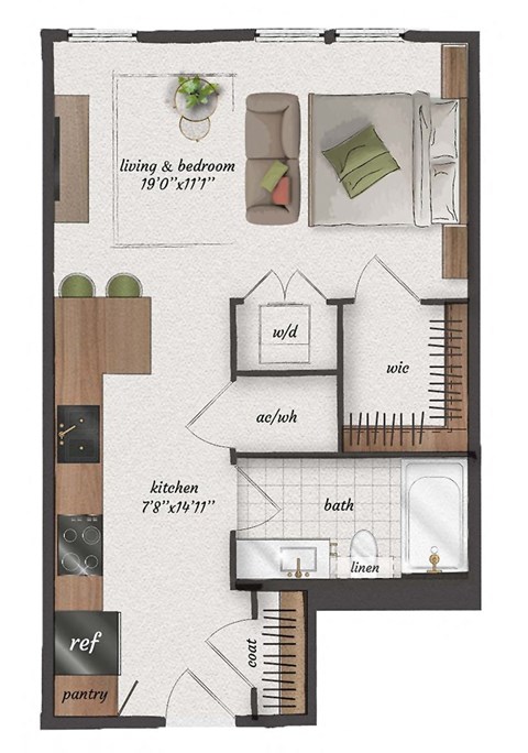 Studio, 1 Bathroom, 525 Square Feet - S1 Floorplan at St. Elmo Apartments in Austin, TX